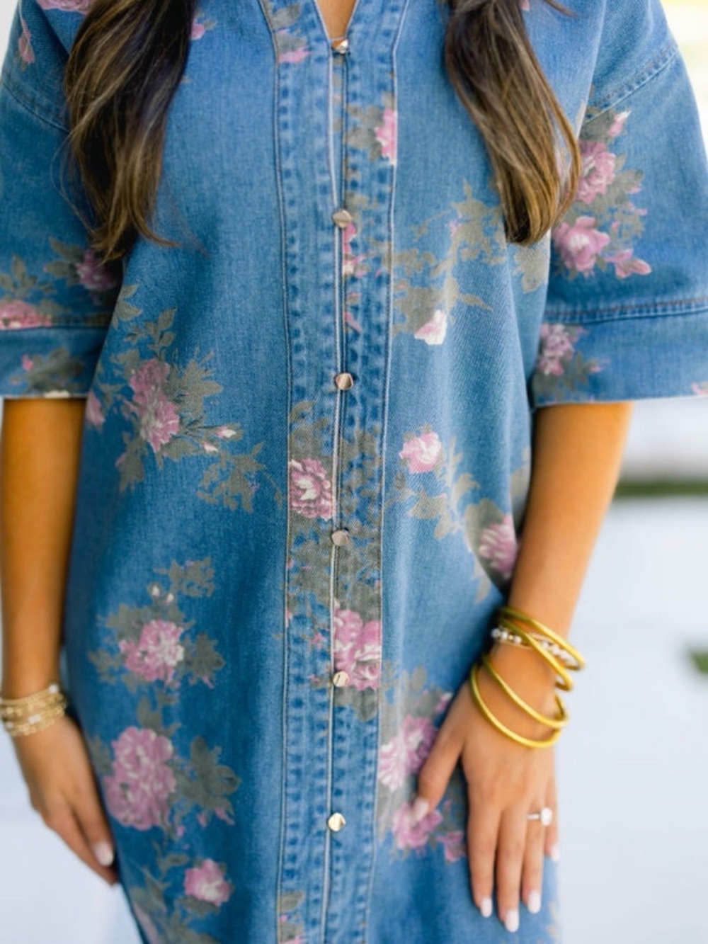 Entro Blue Denim Floral Mini Dress with Pink Flowers - Picture 4 of 5